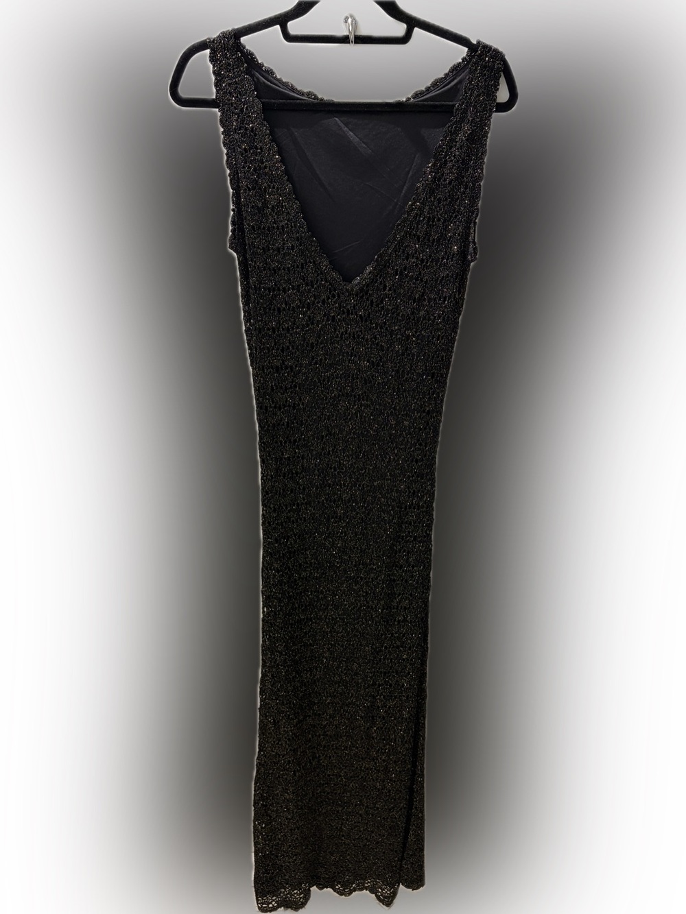 Vintage Simon Chang Black & Gold Metallic Crochet Knit Maxi Dress | Size L - Picture 3 of 7